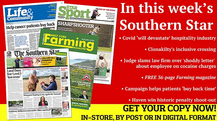 Level 3 ‘will devastate’ hospitality industry; Clonakilty's inclusive crossing; Bloody battle at Chetwynd Viaduct is recalled; campaign launched to help scientists and patients ‘buy back time’; FREE 36-page Farming magazine; Castlehaven win historic penalty shoot-out Image
