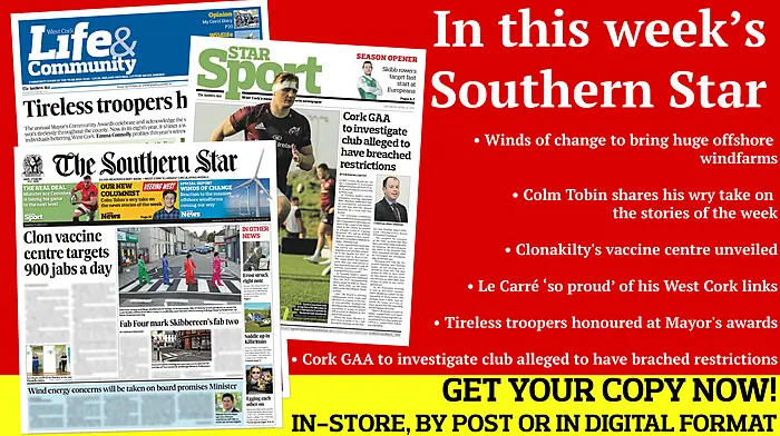 Winds of change to bring huge offshore windfarms; Colm Tobin shares his wry take on the stories of the week; Le Carré was so proud of his West Cork links; Coombes is taking his game to the next level; Cork GAA to investigate alleged breach of restrictions Image