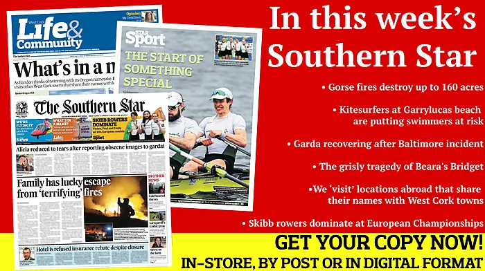 Kitesurfers putting swimmers at risk; Gorse fires destroy up to 160 acres; Garda recovering after Baltimore incident; Skibb rowers dominate at  European Championships Image