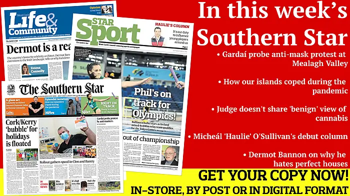 Gardaí probe anti-mask protest; How our islands coped during the pandemic; West Cork's 'property sisters' are sealing the deals; Micheál 'Haulie' O'Sullivan's debut column; Dermot Bannon on why he hates perfect houses Image