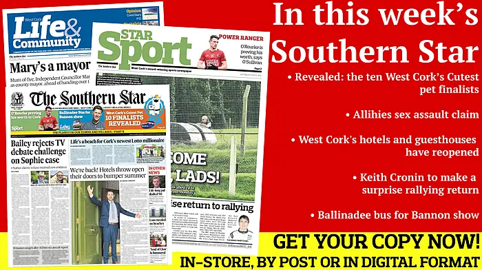 We reveal the ten finalists for West Cork's Cutest Pet; Allihies sex assault claim; West Cork's hotels and guesthouses have reopened; Toilet shortage causing issues; Keith Cronin is plotting a surprise return to rallying;   Ballinadee bus for Bannon show Image