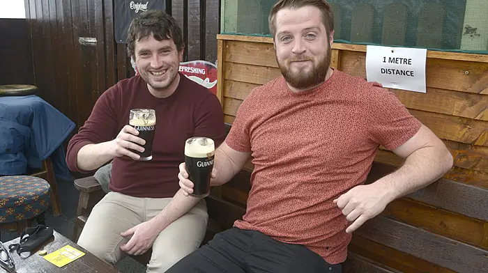 NEWS 7/6/2021 Pictured enjoying a pint at Fiddlers Green Conakilty Co Cork was Donal O'Regan and Stephen O'Connell. Picture Denis Boyle