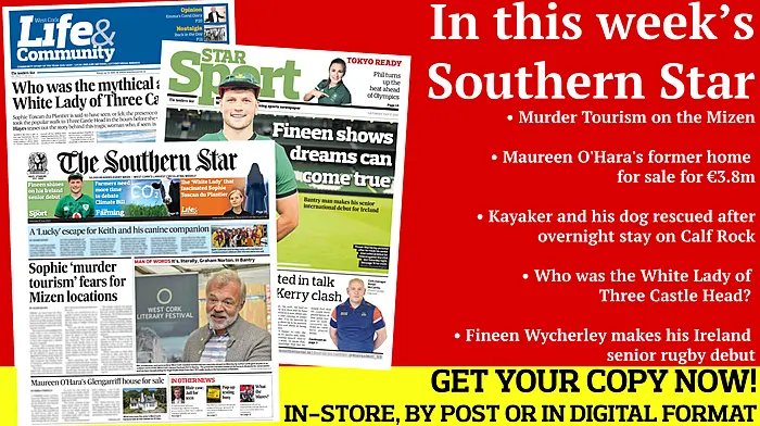 Kayaker and his dog rescued after overnight stay on Calf Rock; Murder Tourism on the Mizen; Maureen O'Hara's former home for sale for €3.8m; Relocation of bus stops 'adding to traffic'; Fineen Wycherley makes his Ireland senior rugby debut; Who was the White Lady of Three Castle Head?  Image