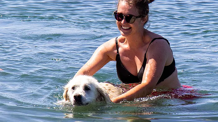 With temperatures rising in West Cork last week, Kate Walsh and dog Mia cooled off in the sea at Raheen. (Photo: Andrew Harris)
