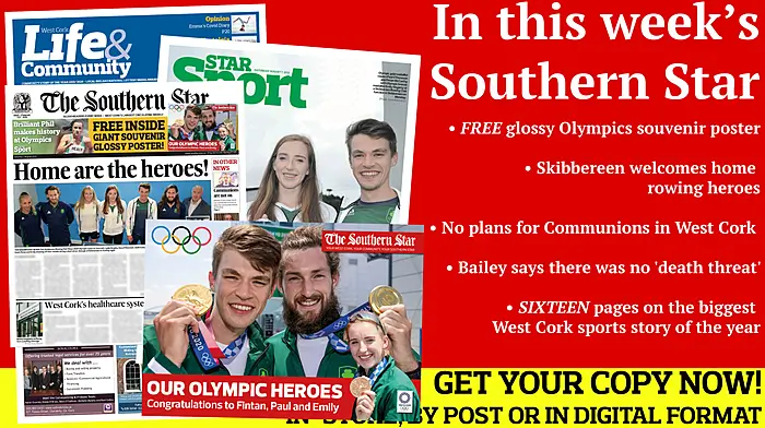 FREE glossy Olympics souvenir poster; Paul and Fintan win Olympic gold! Skibbereen welcomes home rowing heroes; Every man feel likes a potential danger; No plans for Communions in West Cork; Bailey says there was no 'death threat' Image