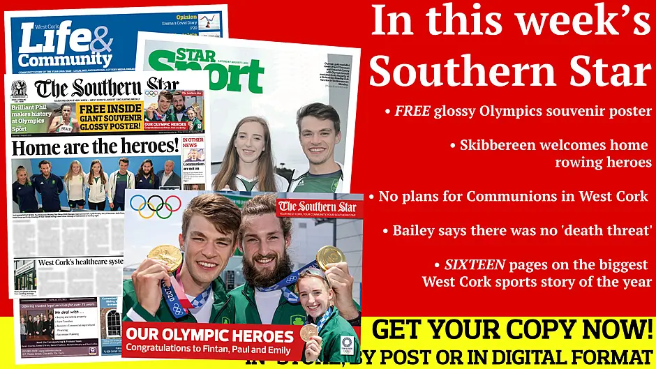 FREE glossy Olympics souvenir poster; Paul and Fintan win Olympic gold! Skibbereen welcomes home rowing heroes; Every man feel likes a potential danger; No plans for Communions in West Cork; Bailey says there was no 'death threat' Image