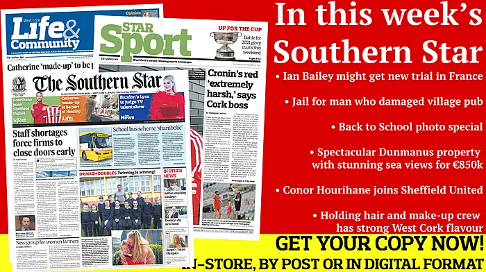Ian Bailey might get new trial in France; Jail for man who damaged village pub; Back to School photo special; Bandon soccer star Conor Hourihane has joined Sheffield United; The hair and make-up crew working on Holding has a strong West Cork flavour Image