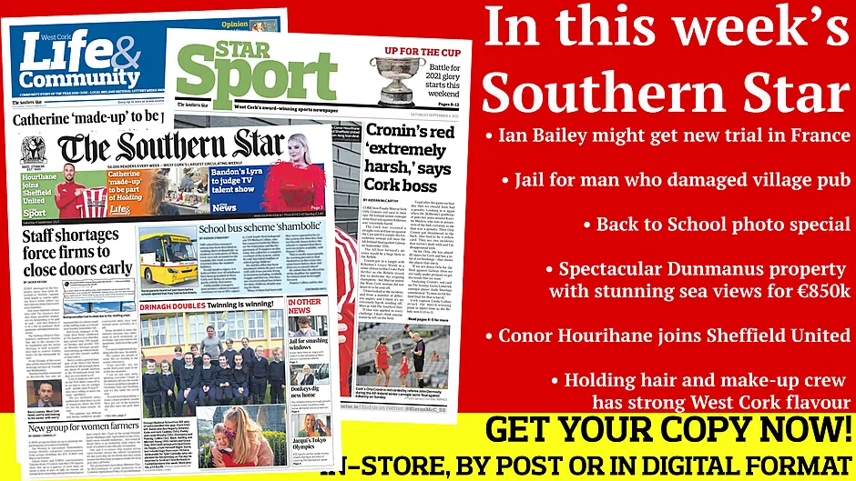 Ian Bailey might get new trial in France; Jail for man who damaged village pub; Back to School photo special; Bandon soccer star Conor Hourihane has joined Sheffield United; The hair and make-up crew working on Holding has a strong West Cork flavour Image