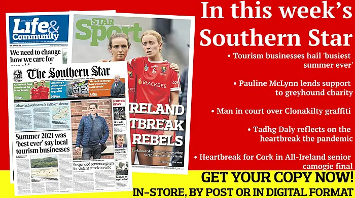 Tourism businesses hail 'busiest summer ever'; Suspended sentence for violent attack; Pauline McLynn lends support to greyhound charity; Heartbreak for Cork in All-Ireland senior camogie final; Kilbrittain beat Arigdeen Rangers in derby Image