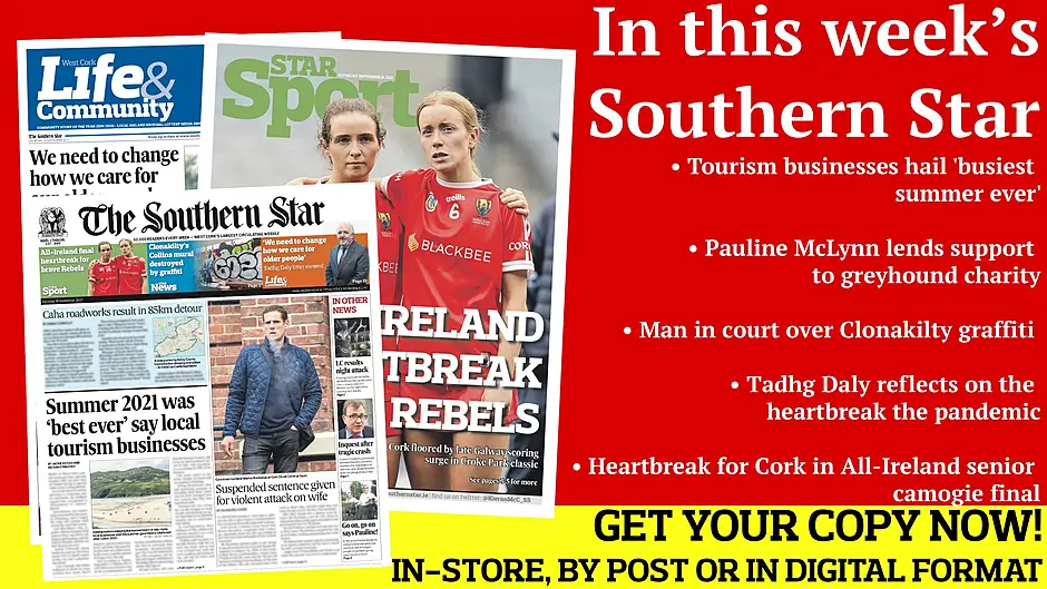 Tourism businesses hail 'busiest summer ever'; Suspended sentence for violent attack; Pauline McLynn lends support to greyhound charity; Heartbreak for Cork in All-Ireland senior camogie final; Kilbrittain beat Arigdeen Rangers in derby Image