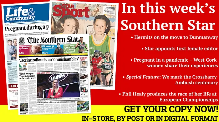 We mark the Crossbarry Ambush centenary; Star appoints first female editor; Hermits on the move to Dunmanway; Sad end to Gordon Elliott's gallop; Phil Healy produces the race of her; Pregnant in a pandemic; Ideas to celebrate Mother's Day Image