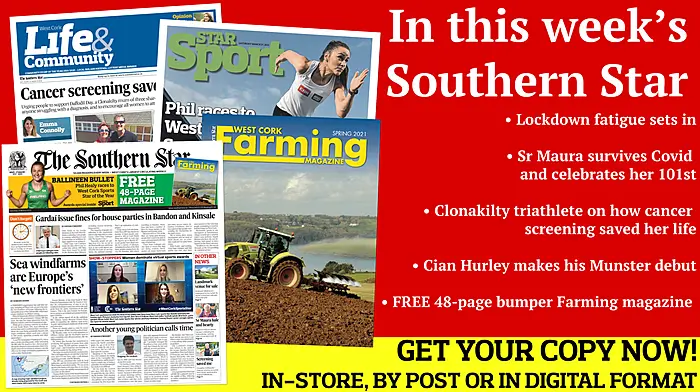 Lockdown fatigue sets in; Windfarms 'the new frontier'; SF's Liadh Ní Riada to contest next election; Phil Healy races to West Cork Sports Star Award; Cian Hurley makes his Munster debut; Clonakilty triathlete on how cancer screening saved her life; FREE 48-page Farming magazine Image