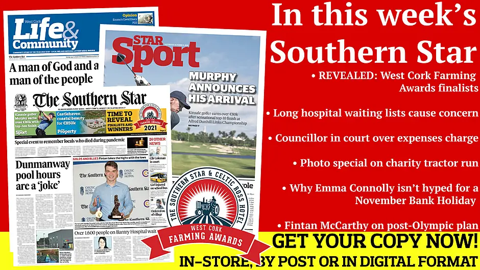 Farming Awards finalists revealed; Long hospital waiting lists cause concern; Councillor in court over expenses charge; Photo special on charity tractor run; Why Emma Connolly isn’t hyped for a November Bank Holiday; Fintan McCarthy on post-Olympic plan; Career-best finish for Kinsale golfer Murphy Image