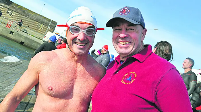 Darragh O’Riordan, Crosshaven with Stephen Redmond, Ballydehob (7 Oceans swimmer) at the finish line of the Baltimore 2.2 km Lousy Rocks Swim.