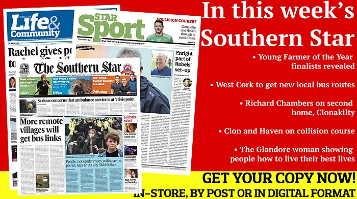 Young Farmer of the Year finalists revealed; West Cork to get several new local bus routes; Wally's arrival was a warning for what's to come; Virgin Media news reporter Richard Chambers on second home, Clonakilty; Clon and Haven on collision course; Dohenys into last four of Cork SAFC Image