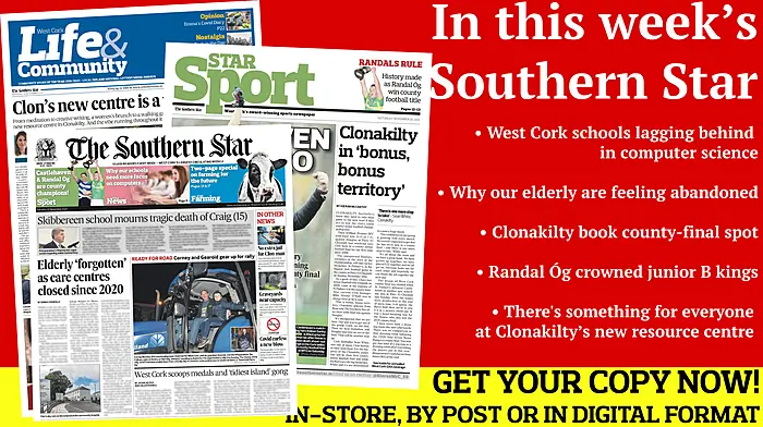 Elderly feeling abandoned; West Cork schools lagging behind in computer science; Long waiting lists for autism assessments; Clonakilty are through to the first county senior football final in 12 years; Clon's new centre is a vital resource Image