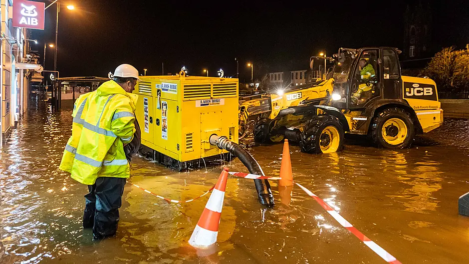 County Council workers were on  the scene early on Tuesday morning in Bantry after the town was flooded during Storm Barra