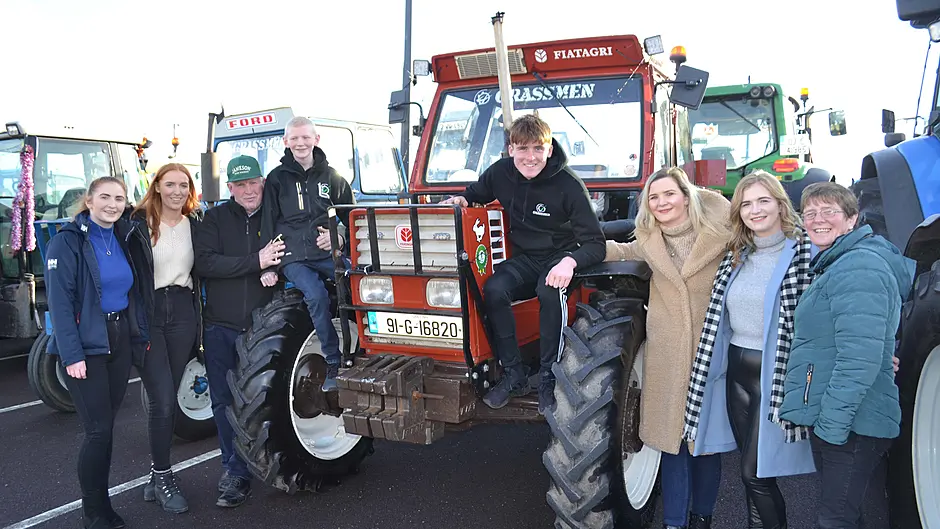 Ricky Barrett with his parents and sisters Padraig, Eileen, Claire, Caroline, Rachel and Joanne and friend Jack Swanton at a charity tractor run for Crumlin Children’s Hospital last weekend. Ricky spearheaded the run with help from Skibbereen Community School and friends.                                 (Photo: Anne Minihane)