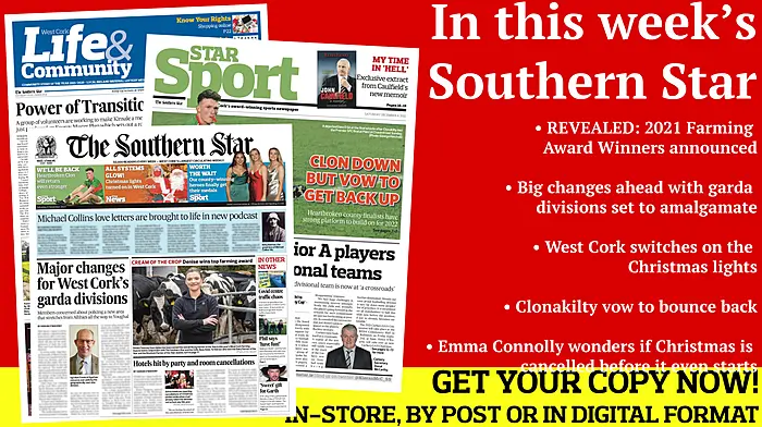 2021 Farming Award winners revealed; Big changes ahead with two garda divisions set to amalgamate; West Cork switches on the Christmas lights; Top award for climate activist Saoi; Clonakilty vow to bounce back; Emma Connolly wonders if Christmas is cancelled before it even starts Image