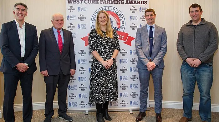 Members of the judging
panel: Séan Mahon, managing
director, The Southern
Star (chair); JJ Walsh,
business advisor; Caroline
Murphy, West Cork Eggs;
Tom Curran, regional manager
with Teagasc for Cork
West and John Buckley,
dairy farmer and former Macra Young Farmer of the Year.