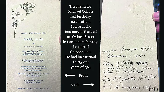 Menu from Collins’ last supper on display Image