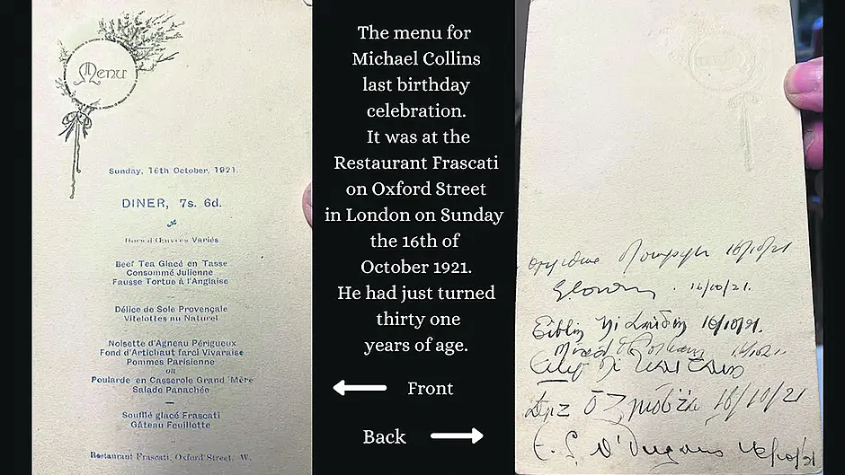 Menu from Collins’ last supper on display Image