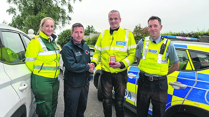 To honour his service helping to train 120 gardaí in 15 stations across West Cork in the correct use of a defibrillator, Garda Chris Brosnan was presented with a medal by Dr Adrian Murphy, CUH consultant in emergency medicine and Denise Ford, National Ambulance Service and Sgt James O’Donoghue, Kinsale, during the Kinsale Regatta Festival.
(Photo: John Allen)