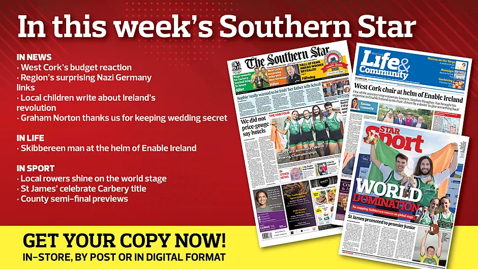Local children write about Ireland's Revolution; Graham Norton gives thanks; West Cork's link to Nazi Germany; Rosscarbery shrine gets new lease of life; Enable Ireland's West Cork chair; Skibb rowers on top of the world Image