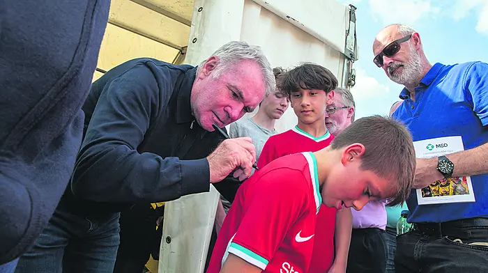 Irish football legend Ray Houghton signing for fans at the Castlelack FC vs ROI Legends XI last weekend in Brinny, sponsored by MSD who fielded a team of their own. (Photo:John Allen/Provision)
