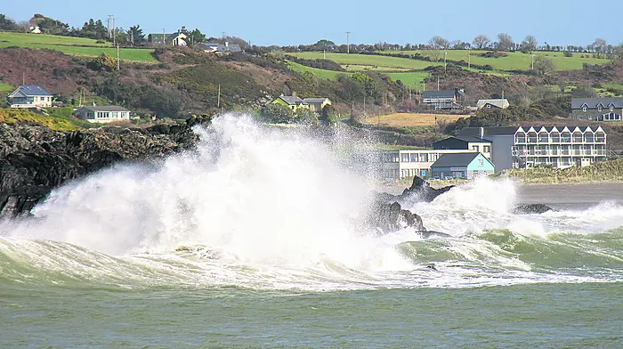Owenahincha, left, as seen from the Warren in Rosscarbery, taking a battering from Storm Franklin.
Photo: Andrew Harris