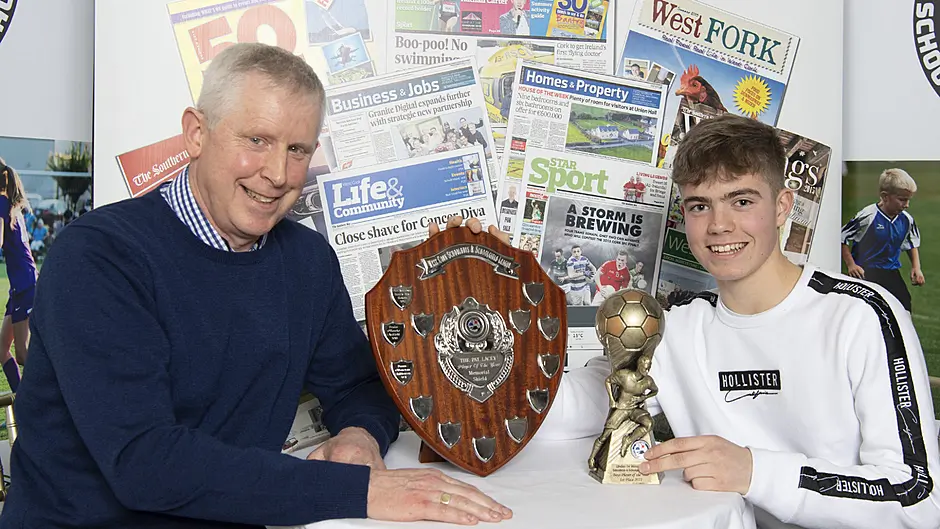 2021 Player of the Year winner Danny O’Donovan (Skibbereen AFC) with Declan Deasy, West Cork Schoolboys and Schoolgirls League Chairman, at the awards. (Photo: Martin Walsh)