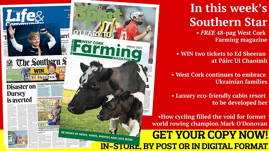 WIN two tickets to Ed Sheeran; FREE 48-page West Cork Farming magazine; The businesses that benefited from ITV series; West Cork continues to embrace Ukrainian families; The history of the Beara hotel set for massive revamp; How cycling filled the void for former world rowing champion Mark O'Donovan; Luxury eco-friendly cabin resort to be developed here Image