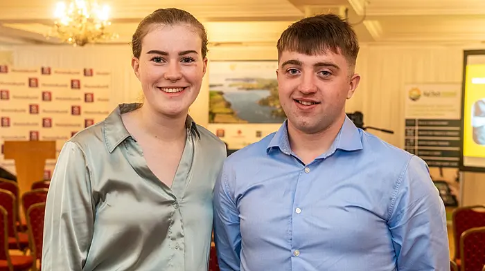 At Ludgate’s agri-tech conference in the West Cork Hotel, Skibbereen, last Thursday were Amy Dunphy, a student at UCC, and young farmer Declan Collins. (Photo: Andy Gibson)