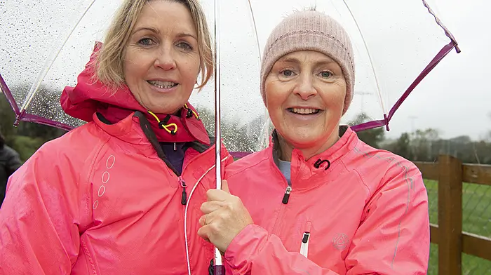 Lorna Nyhan (left) from Ballinascarthy and Hetty Walsh, Clonakilty at the Clonakilty Pink Ribbon Walk in Clonakilty on Monday last.  Photo: Martin Walsh.