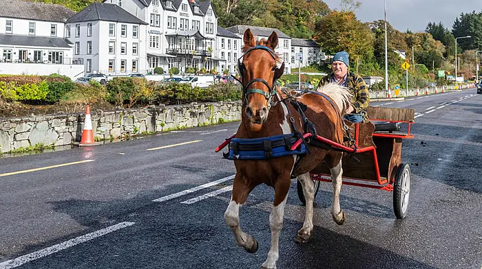 Donal Williamson from Leap passes the Eccles Hotel whilst warming up his pony before the West Cork Chevals meet in Glengarriff recenlty. (Photo: Andy Gibson)