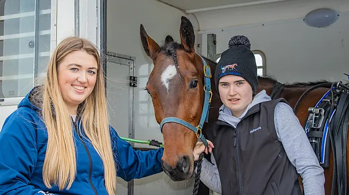 “Inchinattin Abú,” (L to R), Hannah Richardson, Dublin helps Rebecca Hurley, Inchinattin, to prepare James Hurley’s horse, “Louis Vutton,” at the Irish Harness Racing Association strand races at Harbour View, Kilbrittain.