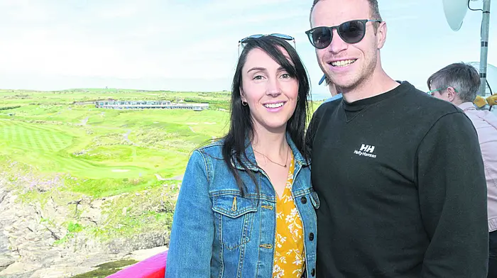 Ursula Quinn and Séamus Hayes from Ballinspittle on the lookout balcony at the top of the Old Head of Kinsale lighthouse at the open day last weekend.                          (Photo: David Creedon)