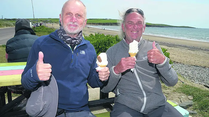 Pictured enjoying the sunshine at the beach at Garrylucas  was Peter Hall and Nigel Dade with their icecreams.(Photo: Denis Boyle)