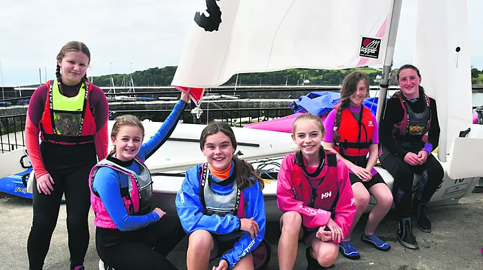 Sixth class pupils from Leap National School Lucy Forsyth, Emer Jennings,  Zoe O’Brien, Ciara Connolly, Emily Johnson and Sophie Scarlett before heading out on the water for the sailing classes provided by Glandore Harbour Yacht Club last week. 			   (Photo: Anne Minihane)