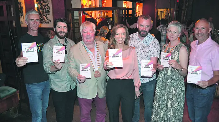 Announcing  the details of Skibbereen Arts Festival at The Tanyard pub were, from left: Declan McCarthy (festival director), Callum Donnelly (festival board), Cllr Joe Carroll, deputising for the county mayor, Holly Cairns TD, who performed the official launch, 
Brendan McCarthy (festival board), Ann  Davoren (festival board) and Cllr Paul Hayes.  (Photo: Anne Minihane)