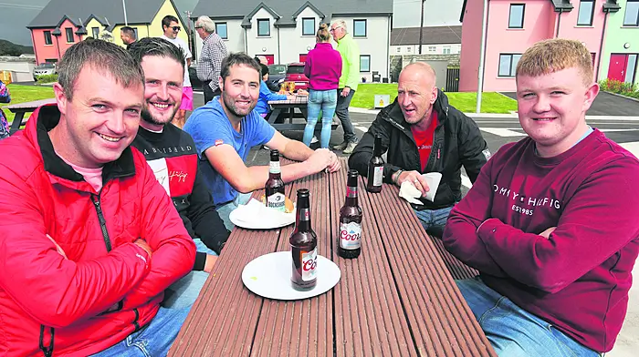 Declan Murphy, Conor Lowney, David Murphy, Mozzie O’Sullivan, and Aidan Donegan at the official opening of the Oval housing development in Eyeries. (Photo: Sean Moriarty)