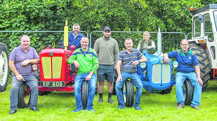 William Williamson, Christopher O’Sullivan TD, Denis O’Donovan, Munster rugby star John Hodnett, Kevin O’Brien, TV presenter Katie Shanahan, and Diarmuid French, before the start of the Leap Dyno road run.                    (Photo: Gearoid Holland)