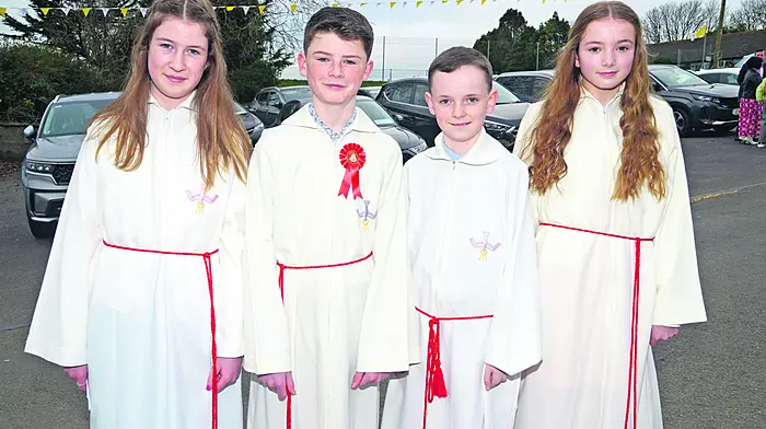 Celebrating their confirmation at Knockvilla church were Grace Kiely, Knockavilla NS; Charlie Curtin, Castlelack NS; Connor Cuff, Gurrane NS and Lilly Clover, Knockavilla.  Left: Supporting a charity cheval today in aid of Connonagh Local Community Development Association were Iris and Myles McLaughlin from Leap. Far left: Sinéad Dalton, Clonakilty; 'Mary Lou' and David Brennan, Clonakilty. (Photos: Denis Boyle & Andy Gibson)