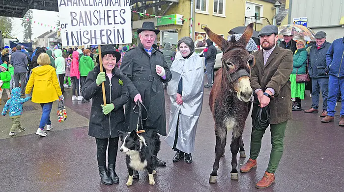 Members of Ahakeera Drama Group, Brendan and Noelle Walsh, Francis and Kathleen O’Regan, with Danny the donkey and Max in Coppeen. (Photo: Denis Boyle)