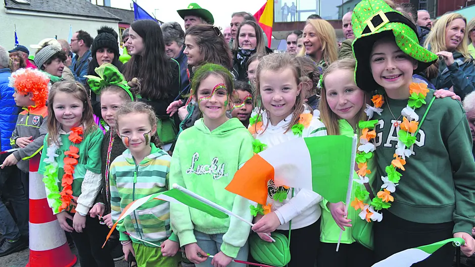 All decked out in green for the parade in Skibbereen were Elena Tobin, Aifric Herlihy, Roisin Hamilton, Rebecca McSweeney, Hannah Tobin, Anna Hegarty and Cara Herlihy. 						                        (Photo: Anne Minihane)