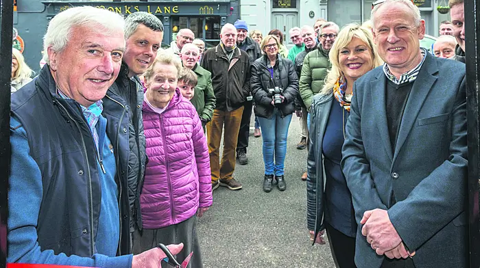 Historian Donal Whooley officially opening a new co-working and office space in Timoleague’s old courthouse with owners  Paul and Sharon Crosbie, John Michael Foley, Noelle Harrington and other locals. (Photo: Andy Gibson)