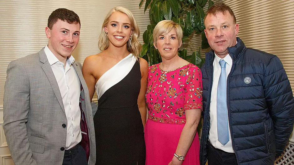 Rachel Whelton with her parents Ann and Andy, and her boyfriend Mark Cronin at the 2022 West Cork Sports Star Awards.