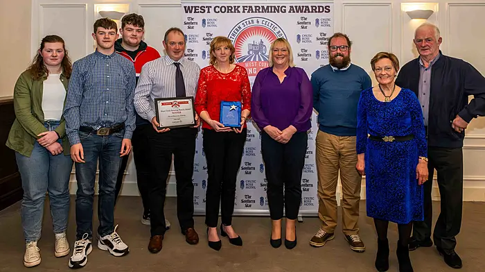 The Farming Family award was won by the O'Donovan family. The award was collected by John and Denise O'Donovan, presented by Karen Farr, Access Credit Union and Jesse Cronin, Bantry Credit Union, with other family members pictured.
