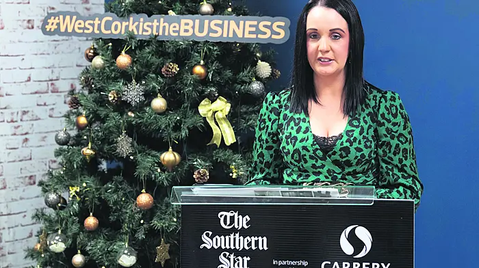 Skibbereen, West Cork, Ireland. 5th Dec, 2023. The Southern Star held its West Cork Business & Tourism Awards at the Ludgate Hub, Skibbereen on Tuesday night. West Cork businesses and tourist attractions pitched to 5 judges. Sharon Thomas of Celtic Knot Events makes her pitch to the judges. Picture: Andy Gibson.