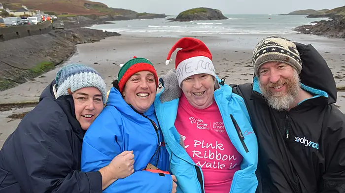 Suzanne O'Connor, Skibbereen; Ellen O'Connor, Tragumna; Wave O'Keeffe, Schull and Lee Cole, Tragumna at the Skibbereen Rowing Club Christmas Day Swim at Tragumna. (Photo: Anne Minihane)